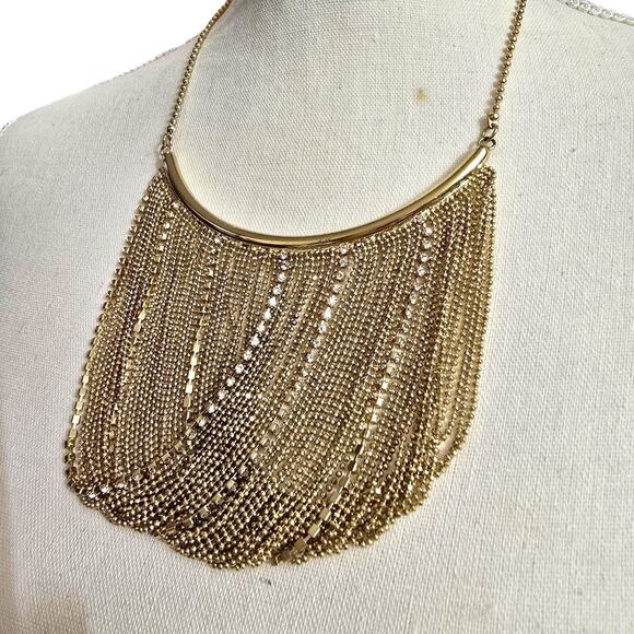 Multichain Necklace Bib Style Jennifer Lopez Rhinestones Gold Color Tone 16"+ - Picture 3 of 6
